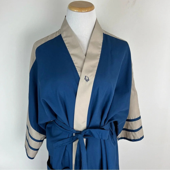 Christian Dior Vintage Tie Wrap Logo Robe Navy Blue One Size Unisex - Picture 2 of 6